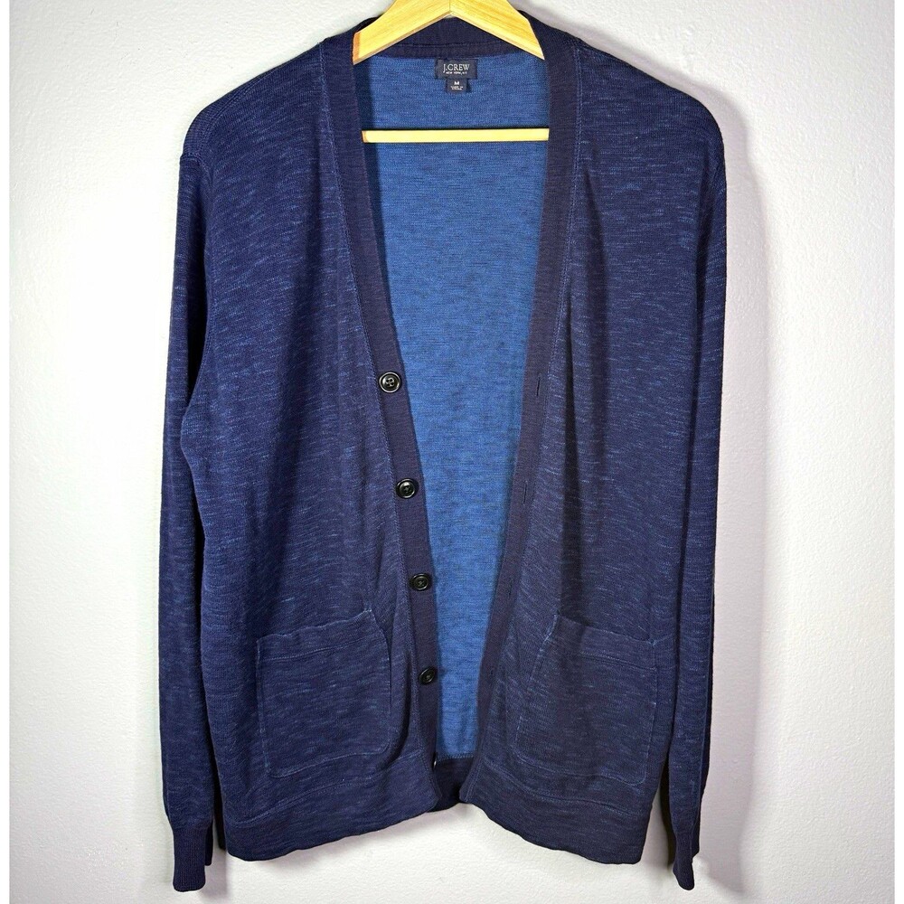 J.Crew Men's Navy Heathered Cardigan Sweater V-Neck Pockets Old Money Size M